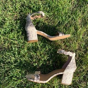 Strappy Faux Snake Skin Block Heels